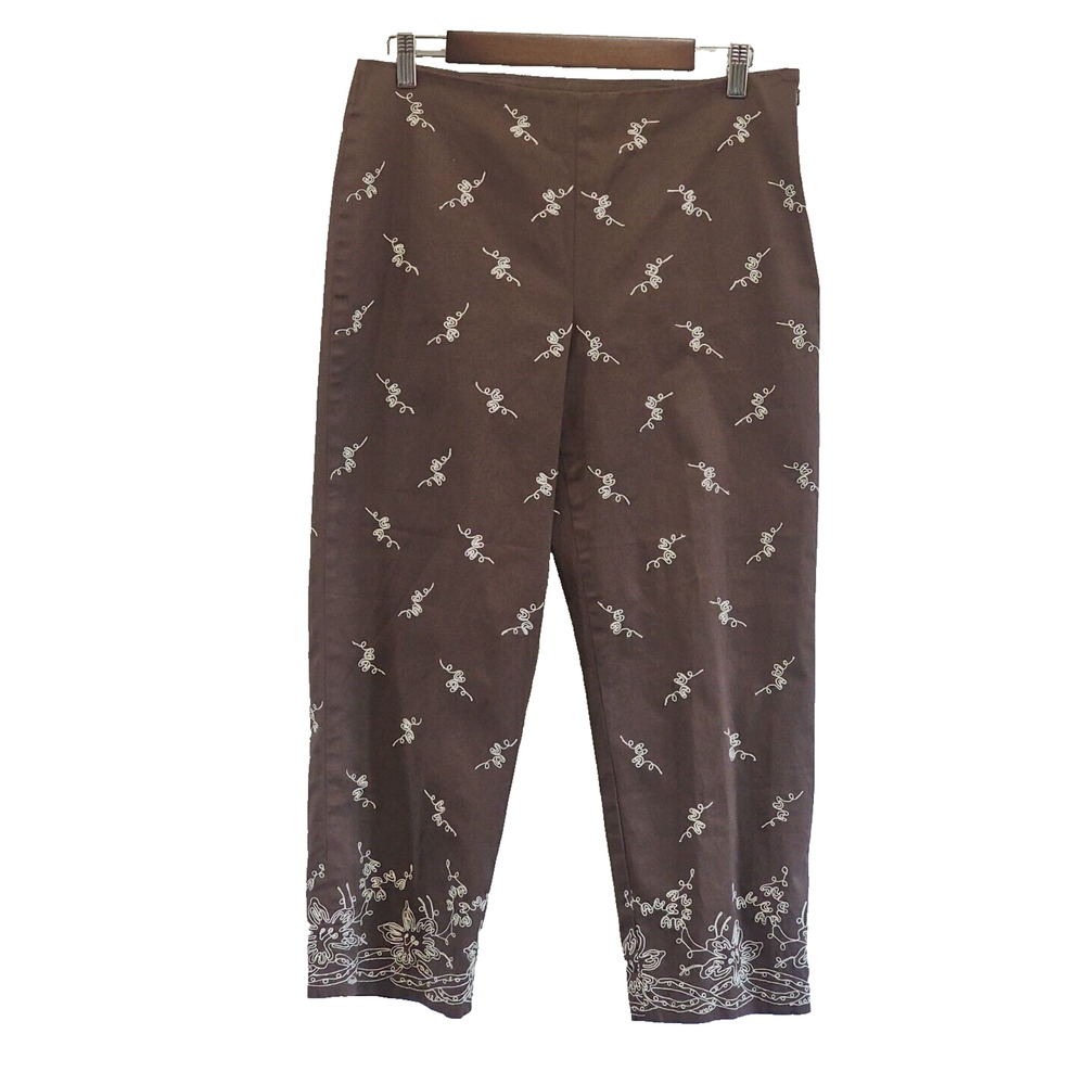 Jones New York Signature Pants Women's Size 10 Brown Embroidered Cotton Trousers